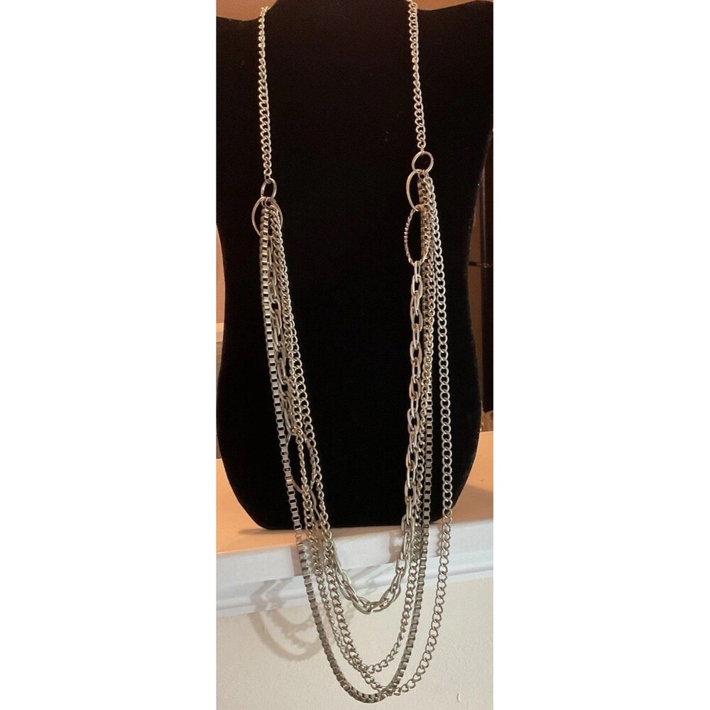 Silver Tone Multiple Chain Necklace 4 Layers 18” Long Statement Gothic Boho EUC
